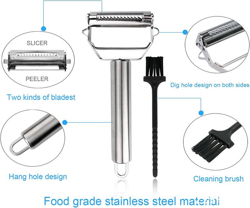 Hot Sale Vegetable Peeling Gadget Potato Cucumber Carrot Stainless Steel Julienne Peeler With Cleaning Brush
