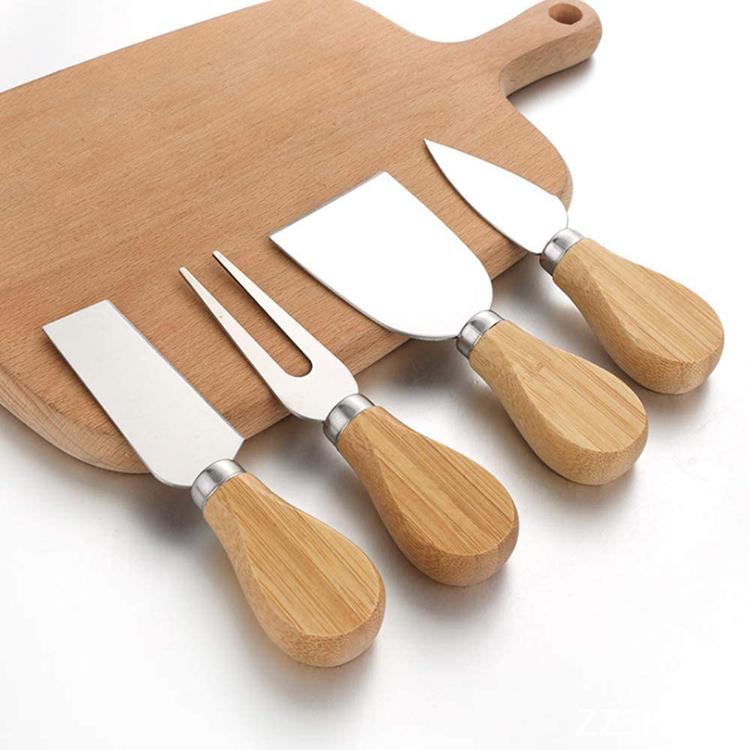 4 Pieces Set Cheese Knives with Bamboo Wood Handle Steel Stainless Cheese Slicer Cheese Cutter