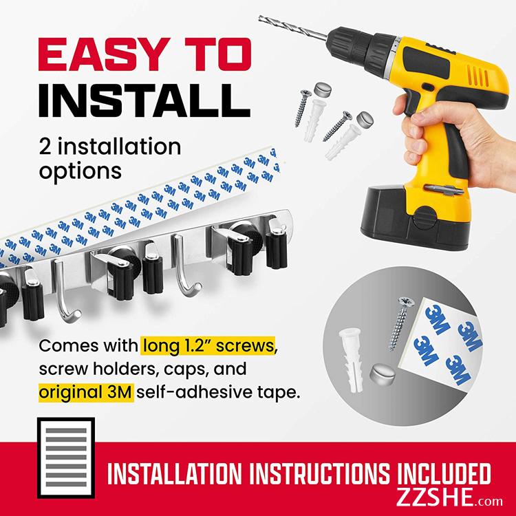 Wall Hanging with 5 Racks 4 Hooks Stainless Steel Heavy Duty Mop Broom Holder