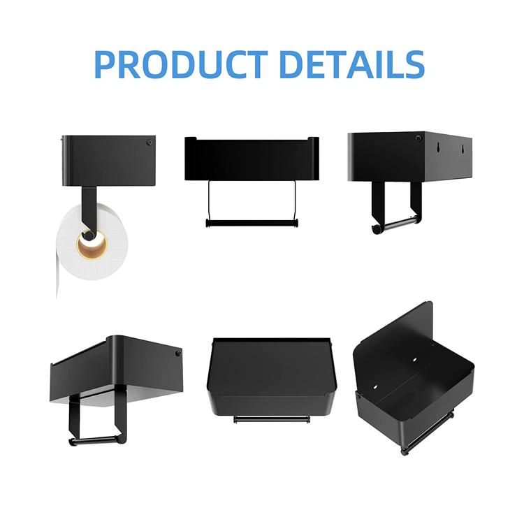 Stainless Steel Black Adhesive Toilet Paper Holder With Storage